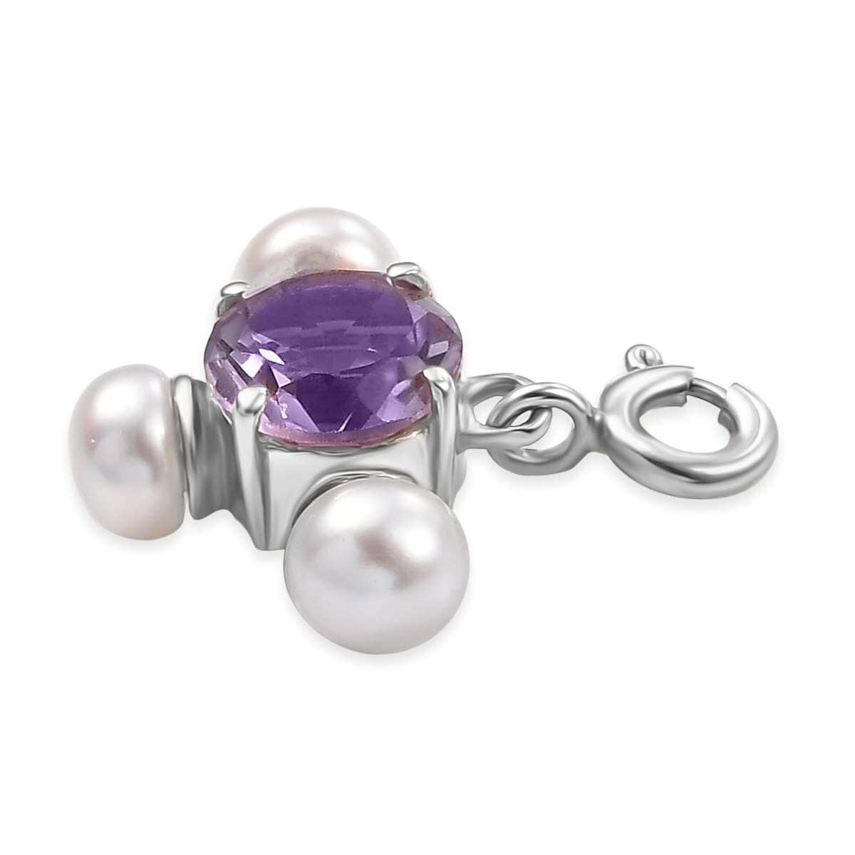 Rose De France Amethyst 1.20 ctw and Freshwater Pearl Charm in Platinum Over Sterling Silver image number 3