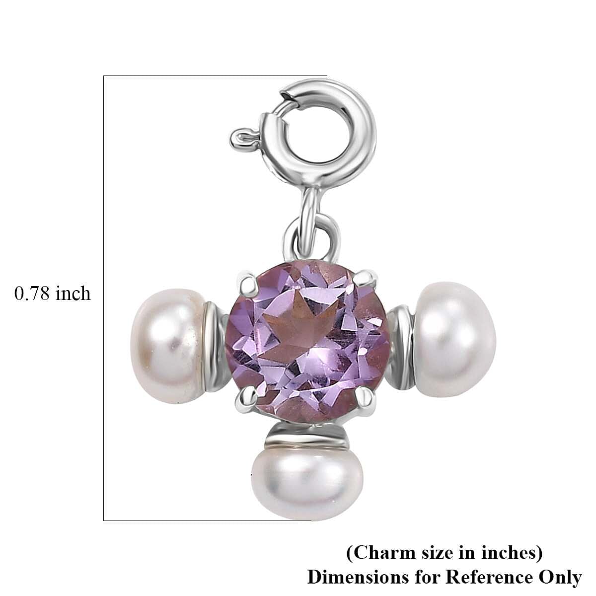 Rose De France Amethyst 1.20 ctw and Freshwater Pearl Charm in Platinum Over Sterling Silver