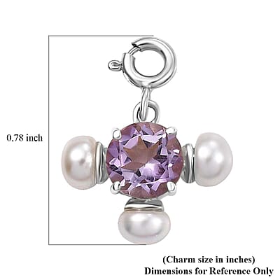 Rose De France Amethyst 1.20 ctw and Freshwater Pearl Charm in Platinum Over Sterling Silver