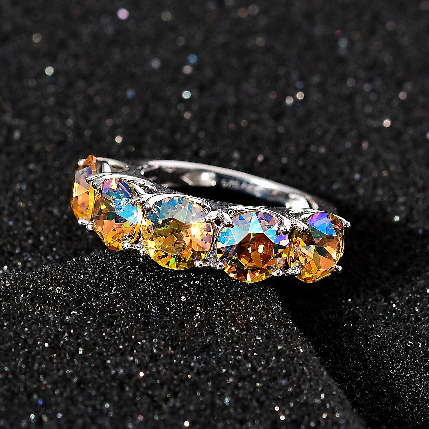 Designer Premium Light Topaz Shimmer Austrian Crystal 5 Stone Ring in Sterling Silver (Size 10.0)