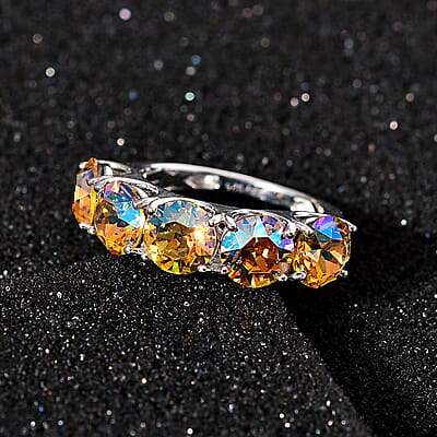Designer Premium Light Topaz Shimmer Austrian Crystal 5 Stone Ring in Sterling Silver (Size 10.0)