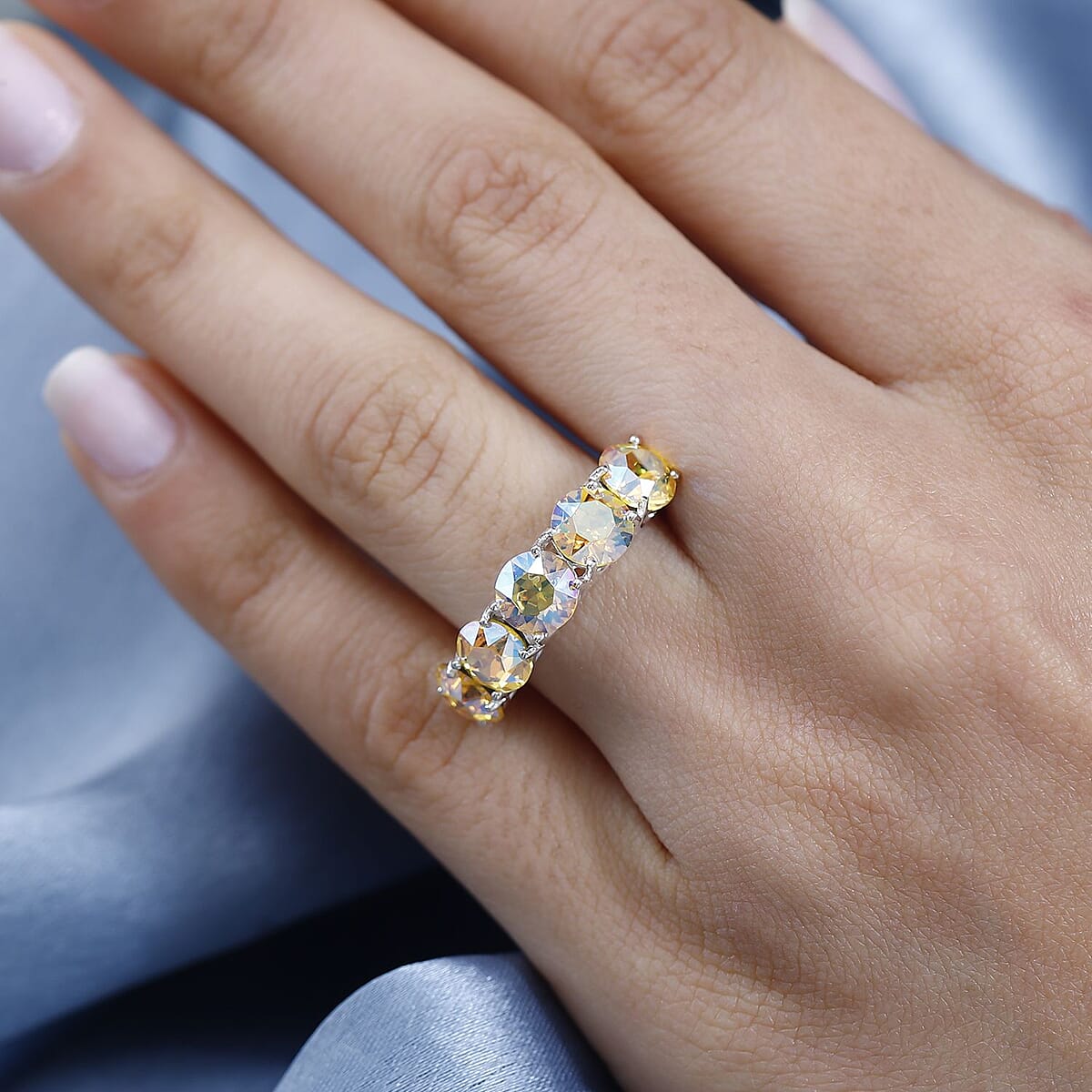 Light Topaz Shimmer Crystal 5 Stone Ring in Sterling Silver (Size 10) image number 2