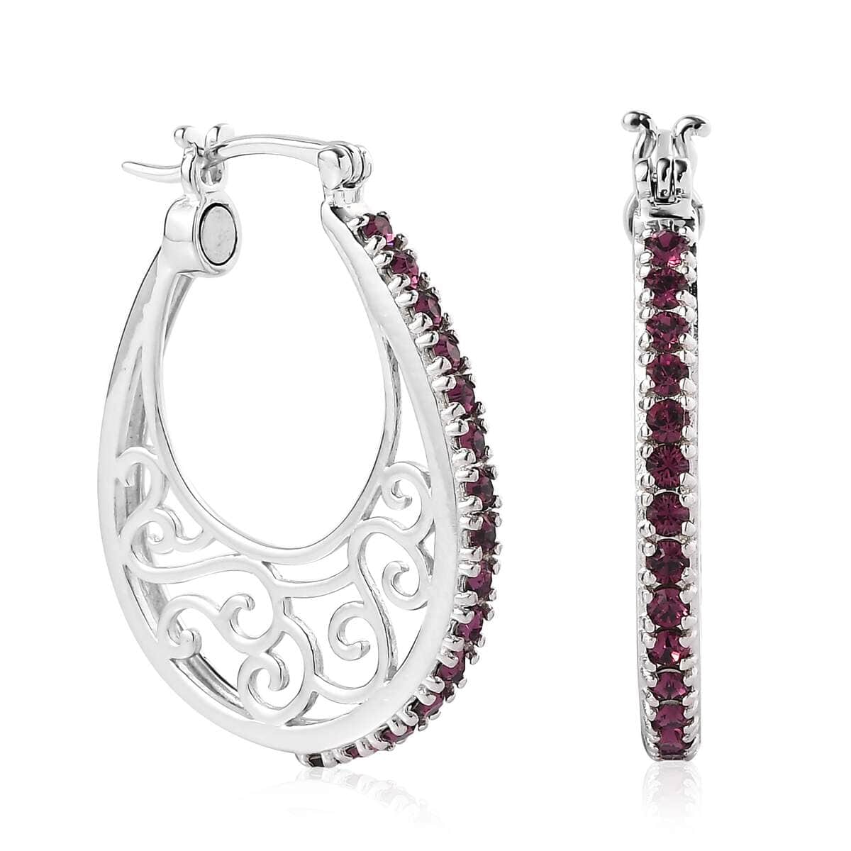 Designer Premium Foilback Amethyst Color Austrian Crystal Hoop Earrings in Platinum Over Copper image number 0