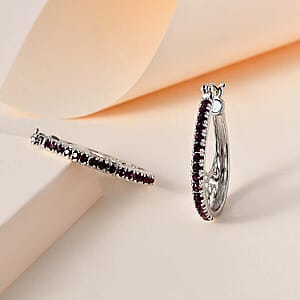 Designer Premium Foilback Amethyst Color Austrian Crystal Hoop Earrings in Platinum Over Copper