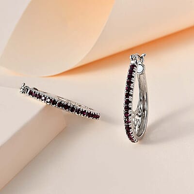 Designer Premium Foilback Amethyst Color Austrian Crystal Hoop Earrings in Platinum Over Copper