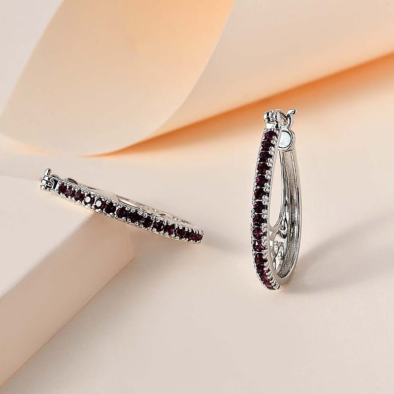 Designer Premium Foilback Amethyst Color Austrian Crystal Hoop Earrings in Platinum Over Copper
