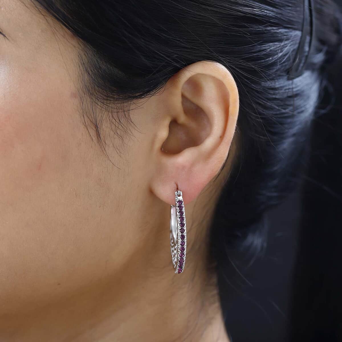 Designer Premium Foilback Amethyst Color Austrian Crystal Hoop Earrings in Platinum Over Copper image number 2