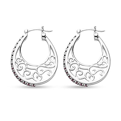 Designer Premium Foilback Amethyst Color Austrian Crystal Hoop Earrings in Platinum Over Copper