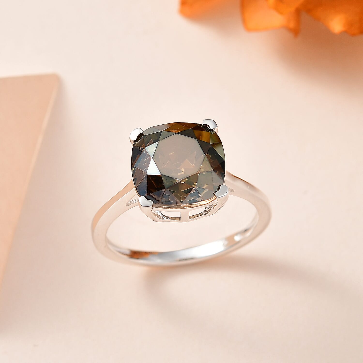 Bronze Shade Crystal Solitaire Ring in Sterling Silver (Size 6.0)