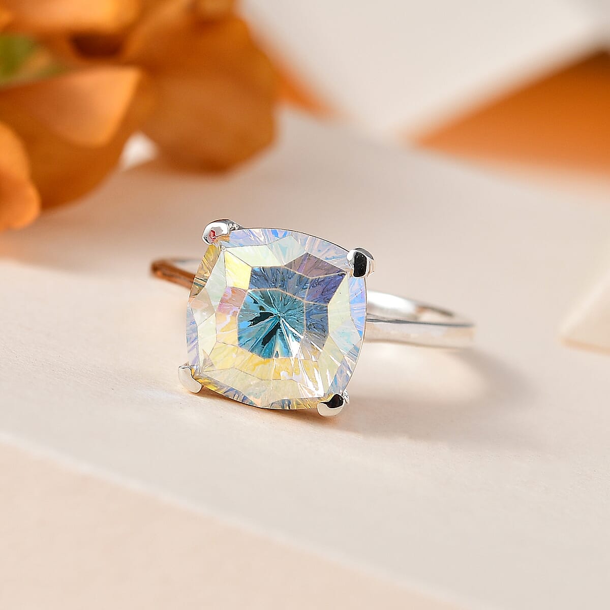 Aurora Borealis Crystal Solitaire Ring in Sterling Silver (Size 7) image number 1