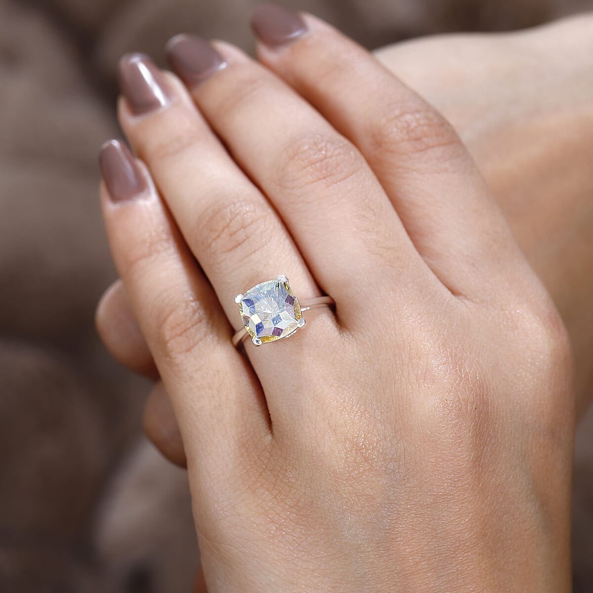 Aurora Borealis Crystal Solitaire Ring in Sterling Silver (Size 7) image number 2