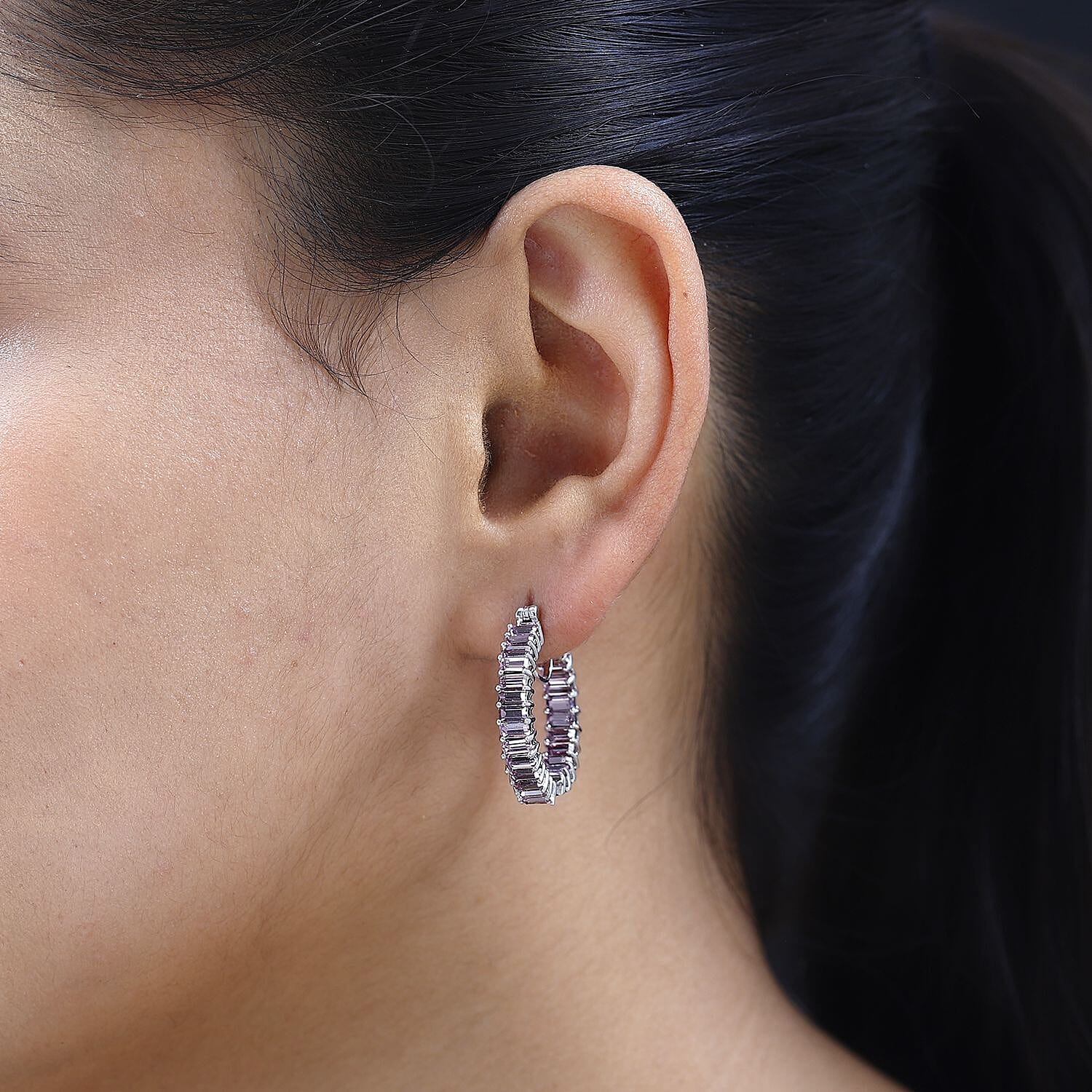 Designer Premium Light Amethyst Austrian Crystal Inside Out Hoop Earrings in Sterling Silver