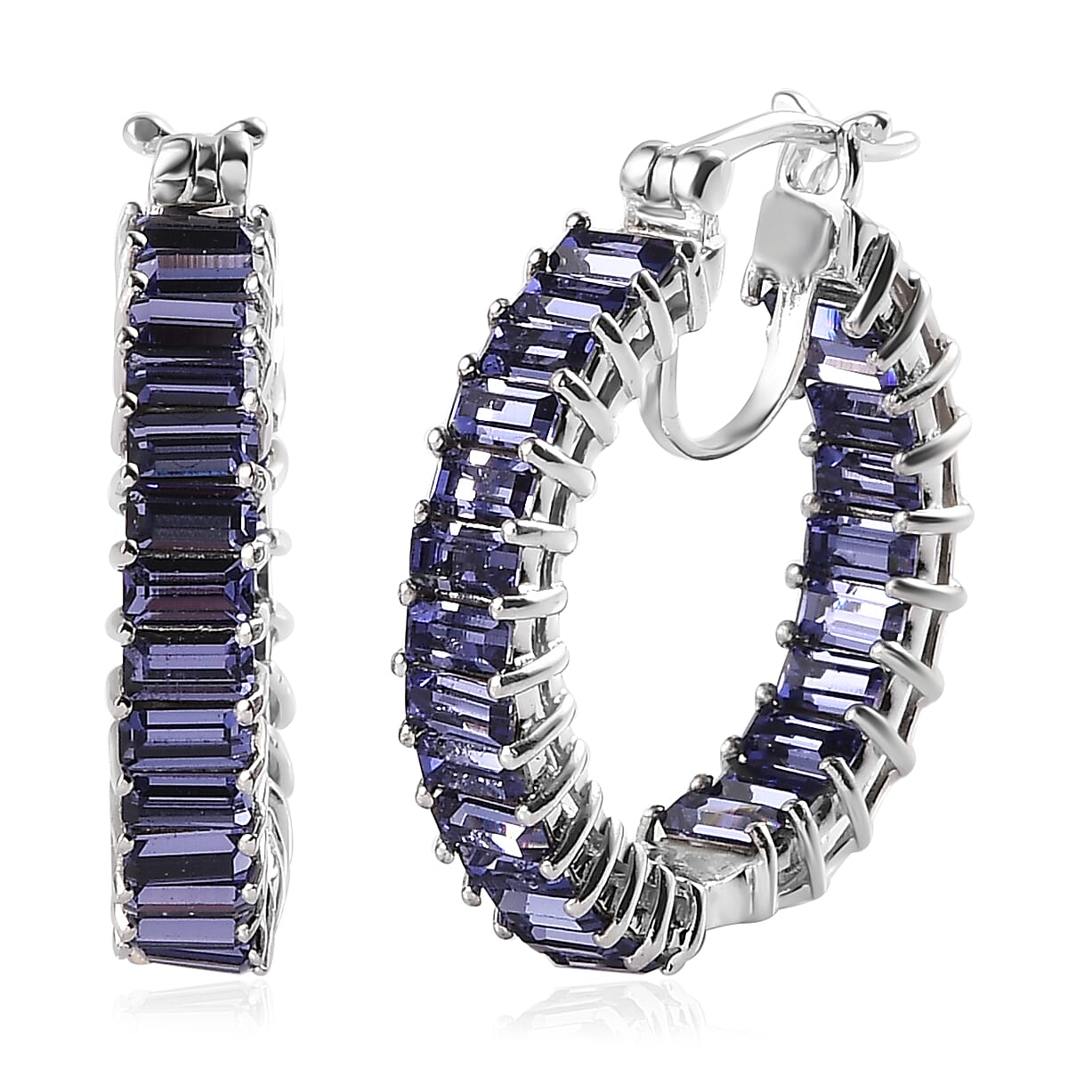 Tanzanite Color Crystal Inside Out Hoop Earrings in Platinum Over Sterling Silver
