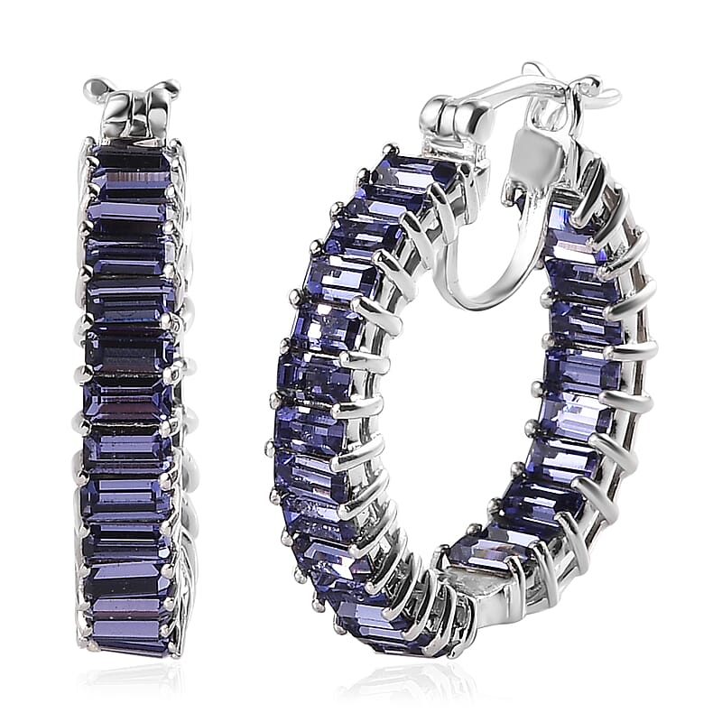 Tanzanite Color Crystal Inside Out Hoop Earrings in Platinum Over Sterling Silver