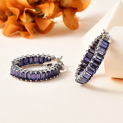 Tanzanite Color Crystal Inside Out Hoop Earrings in Platinum Over Sterling Silver