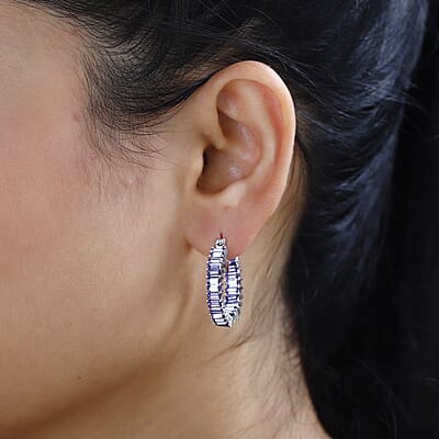 Tanzanite Color Crystal Inside Out Hoop Earrings in Platinum Over Sterling Silver
