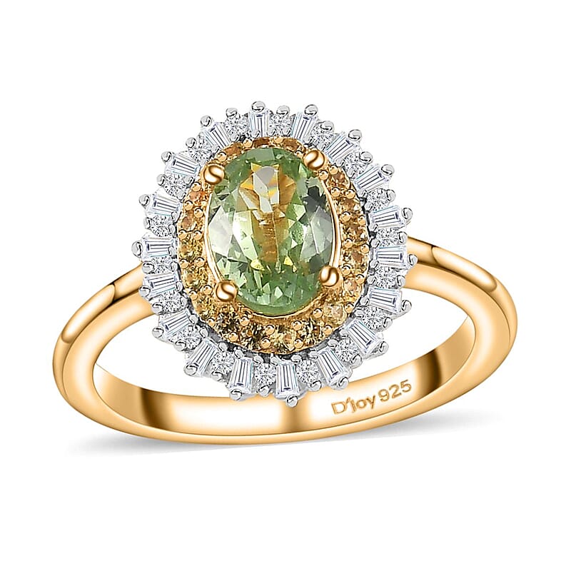 Tsavorite Garnet, Yellow Sapphire, Diamond Sunburst Ring in Vermeil Yellow Gold Over Sterling Silver (Size 10.0) 1.20 ctw