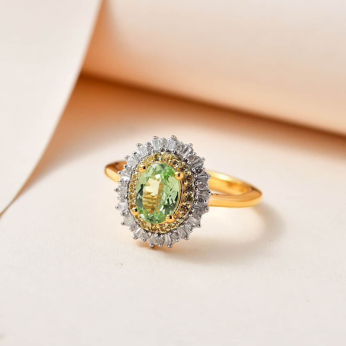 Premium Tsavorite Garnet, Yellow Sapphire, Diamond (0.18 cts) Sunburst Ring in Vermeil YG Over Sterling Silver (Size 10.0) 1.20 ctw image number 1