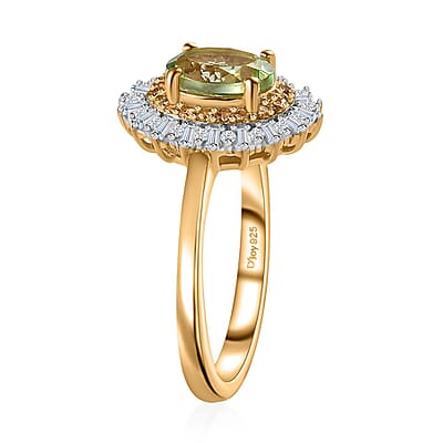 Tsavorite Garnet, Yellow Sapphire, Diamond Sunburst Ring in Vermeil Yellow Gold Over Sterling Silver (Size 10.0) 1.20 ctw