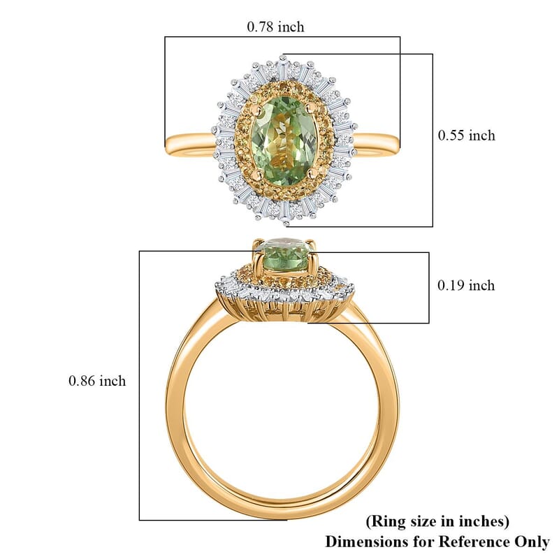 Tsavorite Garnet, Yellow Sapphire, Diamond Sunburst Ring in Vermeil Yellow Gold Over Sterling Silver (Size 10.0) 1.20 ctw
