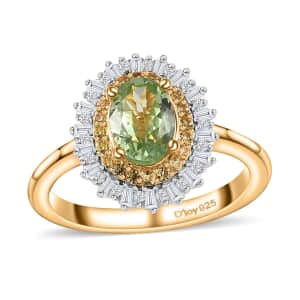 Tsavorite Garnet, Yellow Sapphire, Diamond Sunburst Ring in Vermeil Yellow Gold Over Sterling Silver (Size 5.0) 1.20 ctw