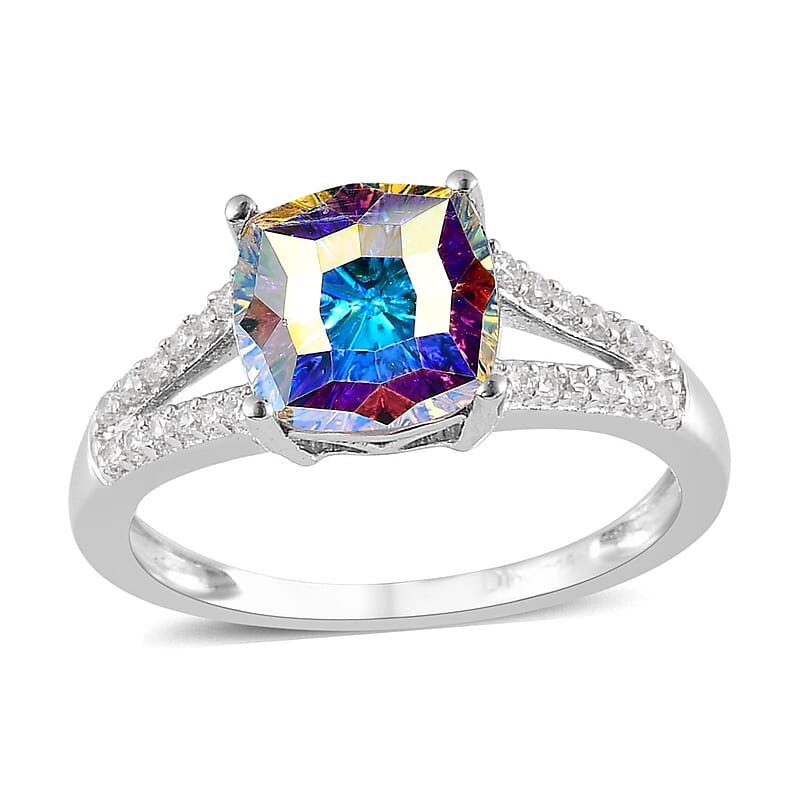 Aurora Borealis Crystal and Simulated Diamond Ring in Platinum Over Sterling Silver (Size 10.0) 0.30 ctw