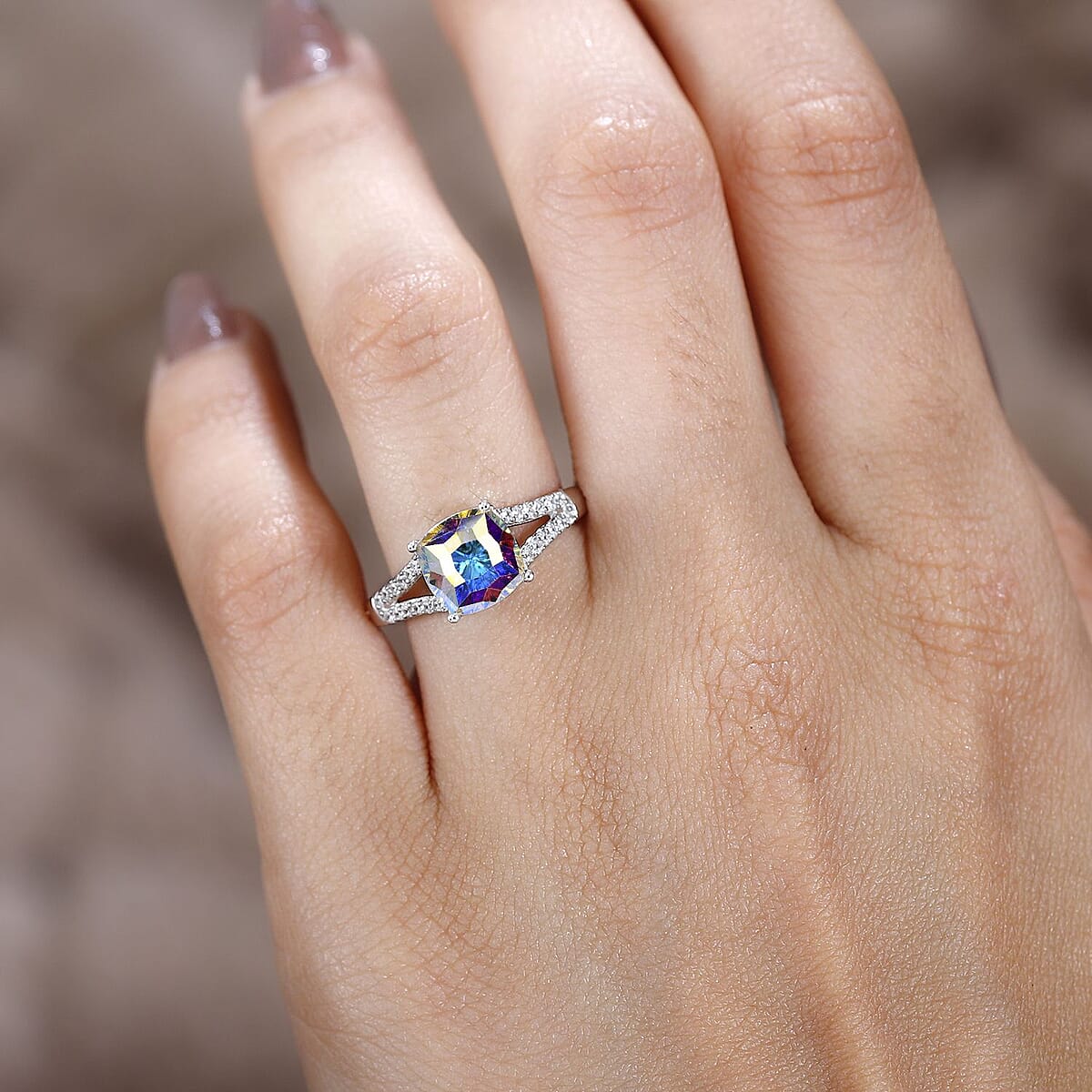 Aurora Borealis Crystal, Simulated Diamond Ring in Platinum Over Sterling Silver (Size 10.0) 0.30 ctw image number 2