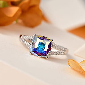 Aurora Borealis Crystal and Simulated Diamond Ring in Platinum Over Sterling Silver (Size 7.0) 0.30 ctw