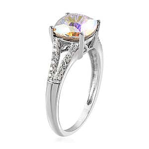Aurora Borealis Crystal and Simulated Diamond Ring in Platinum Over Sterling Silver (Size 7.0) 0.30 ctw