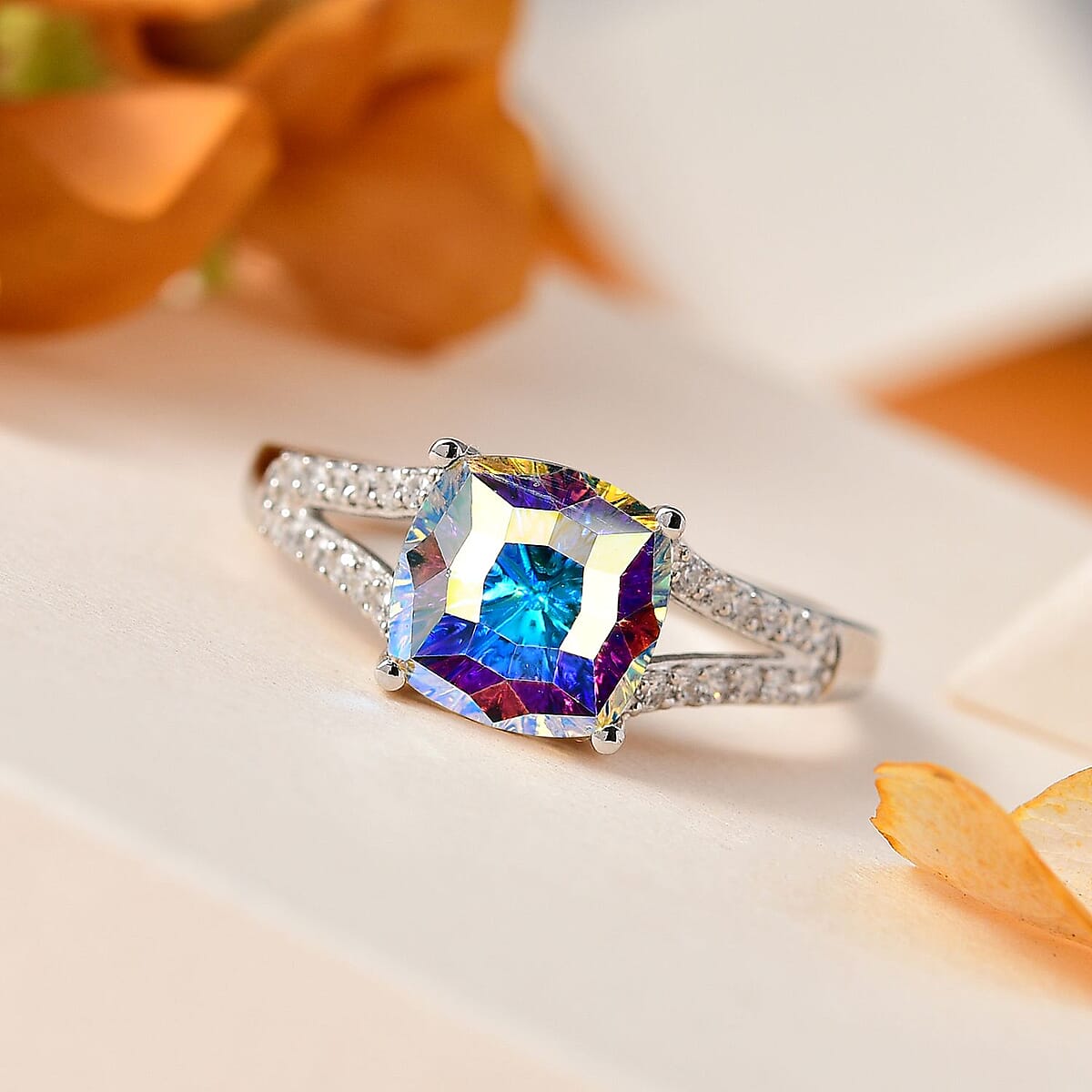 Aurora Borealis Crystal and Simulated Diamond Ring in Platinum Over Sterling Silver (Size 8.0) 0.30 ctw image number 1