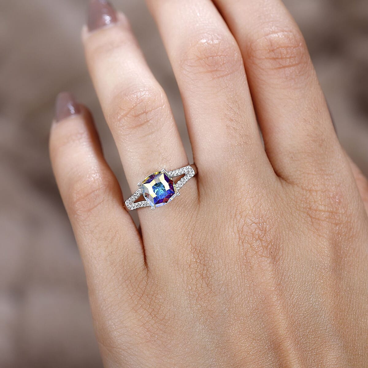 Aurora Borealis Crystal and Simulated Diamond Ring in Platinum Over Sterling Silver (Size 8.0) 0.30 ctw image number 2