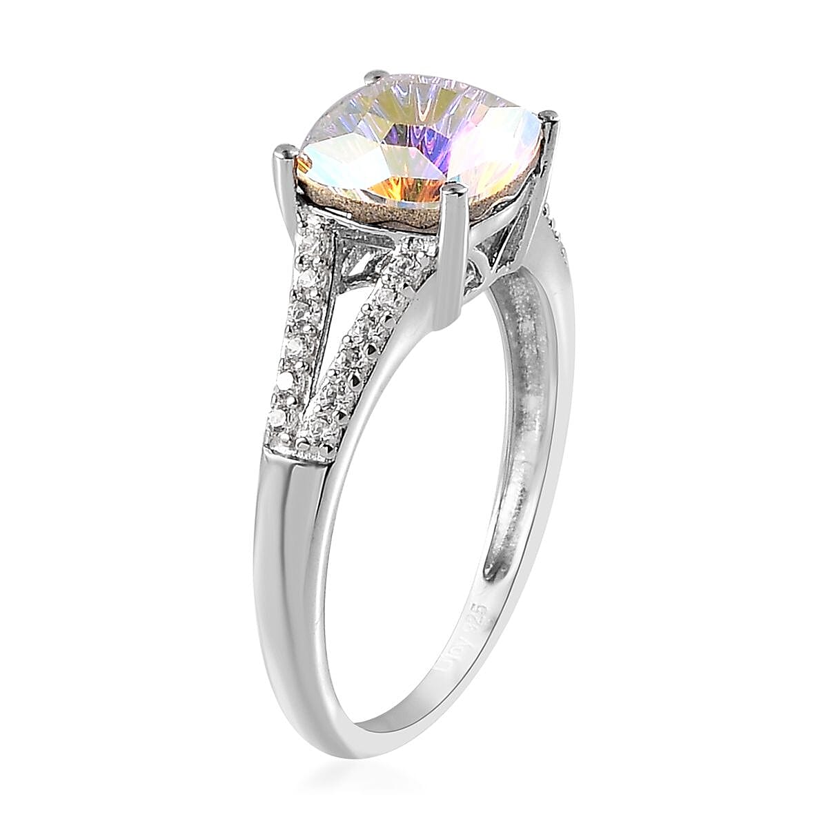 Aurora Borealis Crystal and Simulated Diamond Ring in Platinum Over Sterling Silver (Size 8.0) 0.30 ctw image number 3