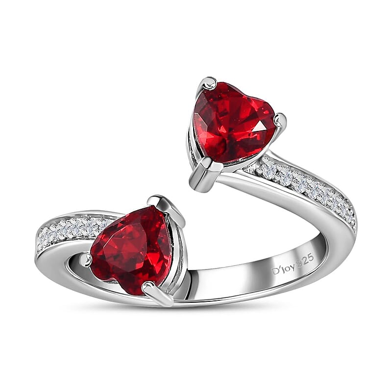Designer Premium Siam Color Austrian Crystal and Simulated Diamond Heart Bypass Ring in Platinum Over Sterling Silver (Size 10.0)
