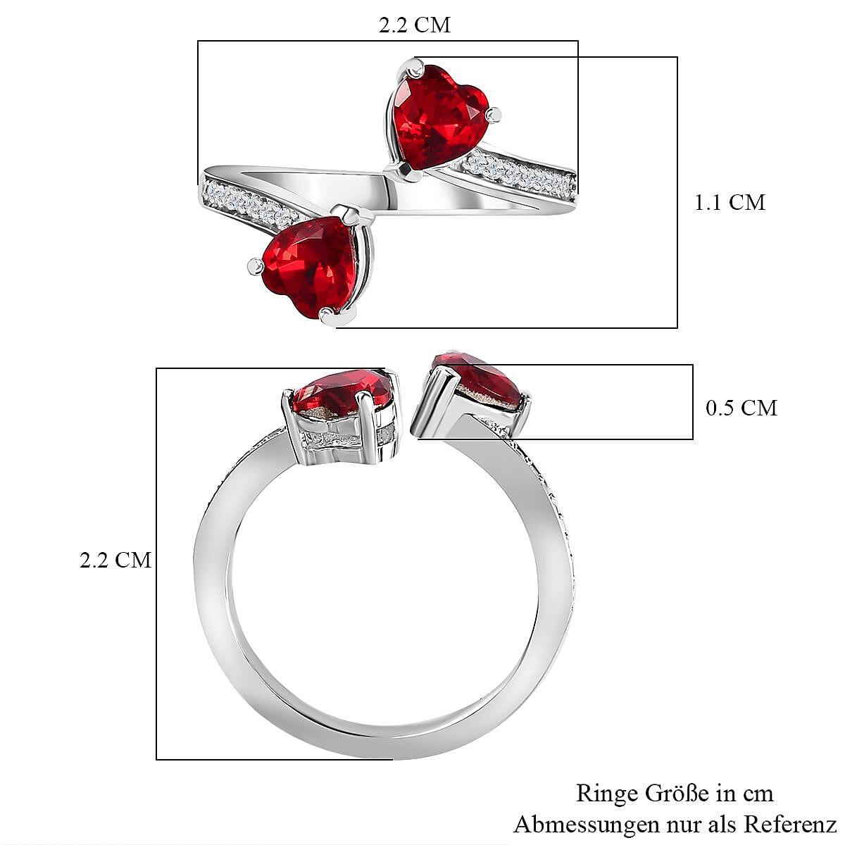 Designer Premium Siam Color Austrian Crystal and Simulated Diamond Heart Bypass Ring in Platinum Over Sterling Silver (Size 10.0)