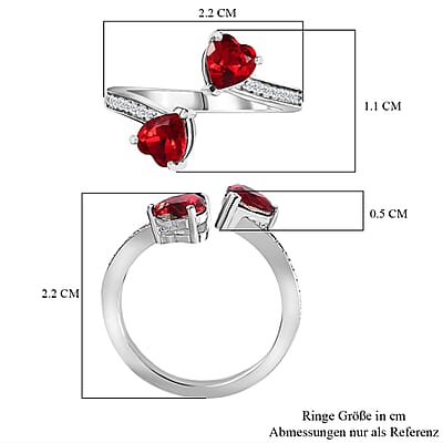 Designer Premium Siam Color Austrian Crystal and Simulated Diamond Heart Bypass Ring in Platinum Over Sterling Silver (Size 10.0)