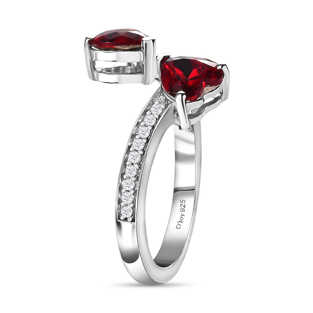 Designer Premium Siam Color Austrian Crystal and Simulated Diamond Heart Bypass Ring in Platinum Over Sterling Silver (Size 5.0) image number 3