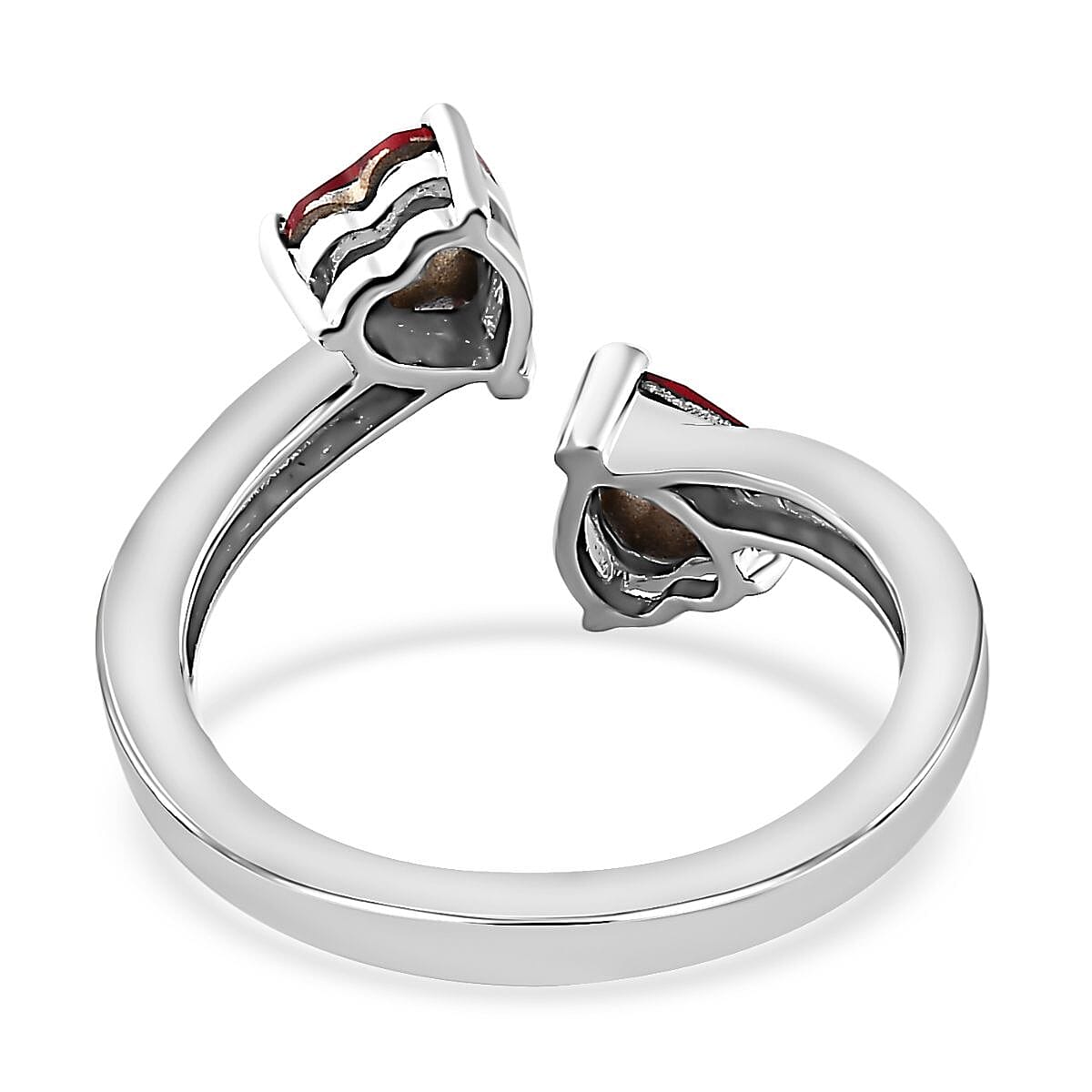 Designer Premium Siam Color Austrian Crystal and Simulated Diamond Heart Bypass Ring in Platinum Over Sterling Silver (Size 5.0) image number 4