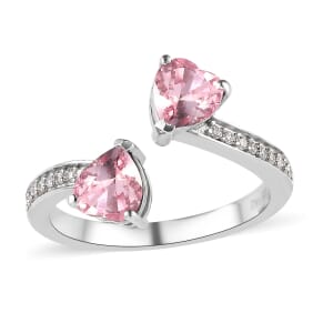 Designer Premium Light Rose Austrian Crystal and Simulated Diamond Heart Bypass Ring in Platinum Over Sterling Silver (Size 5.0)