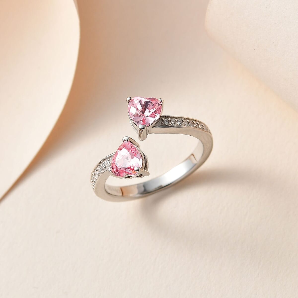 Designer Premium Light Rose Austrian Crystal and Simulated Diamond Heart Bypass Ring in Platinum Over Sterling Silver (Size 5.0) image number 1