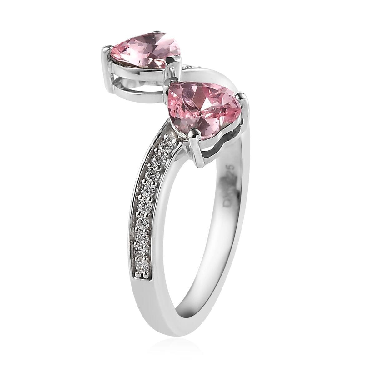 Designer Premium Light Rose Austrian Crystal and Simulated Diamond Heart Bypass Ring in Platinum Over Sterling Silver (Size 5.0) image number 3