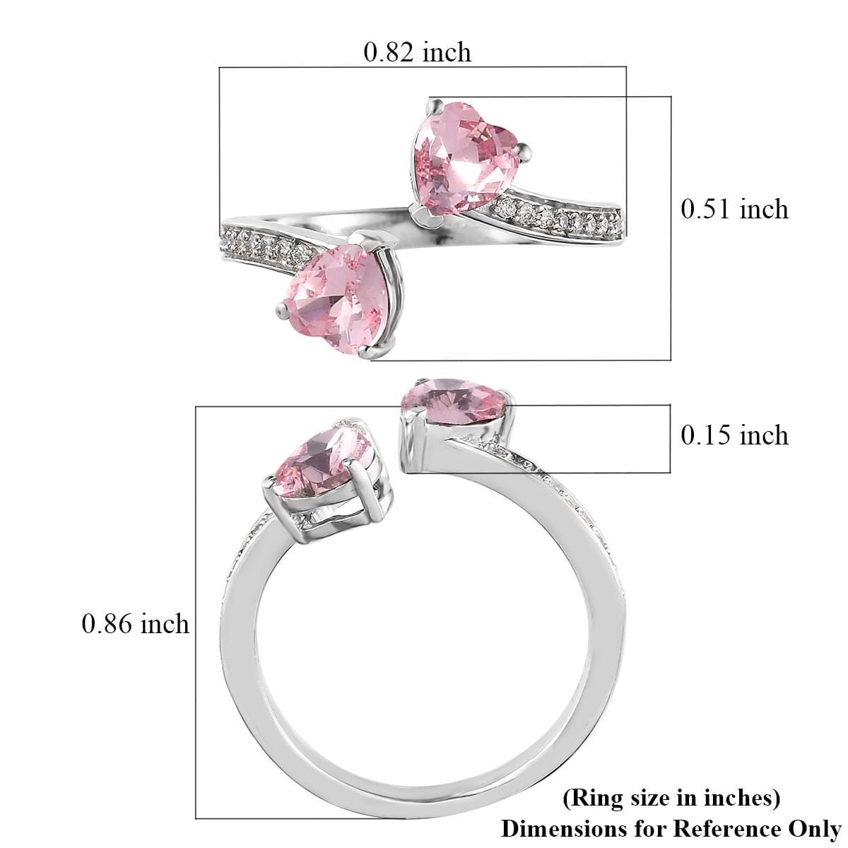 Designer Premium Light Rose Austrian Crystal and Simulated Diamond Heart Bypass Ring in Platinum Over Sterling Silver (Size 5.0) image number 5