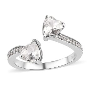 Designer Premium Austrian Crystal and Simulated Diamond Heart Bypass Ring in Platinum Over Sterling Silver (Size 9.0)