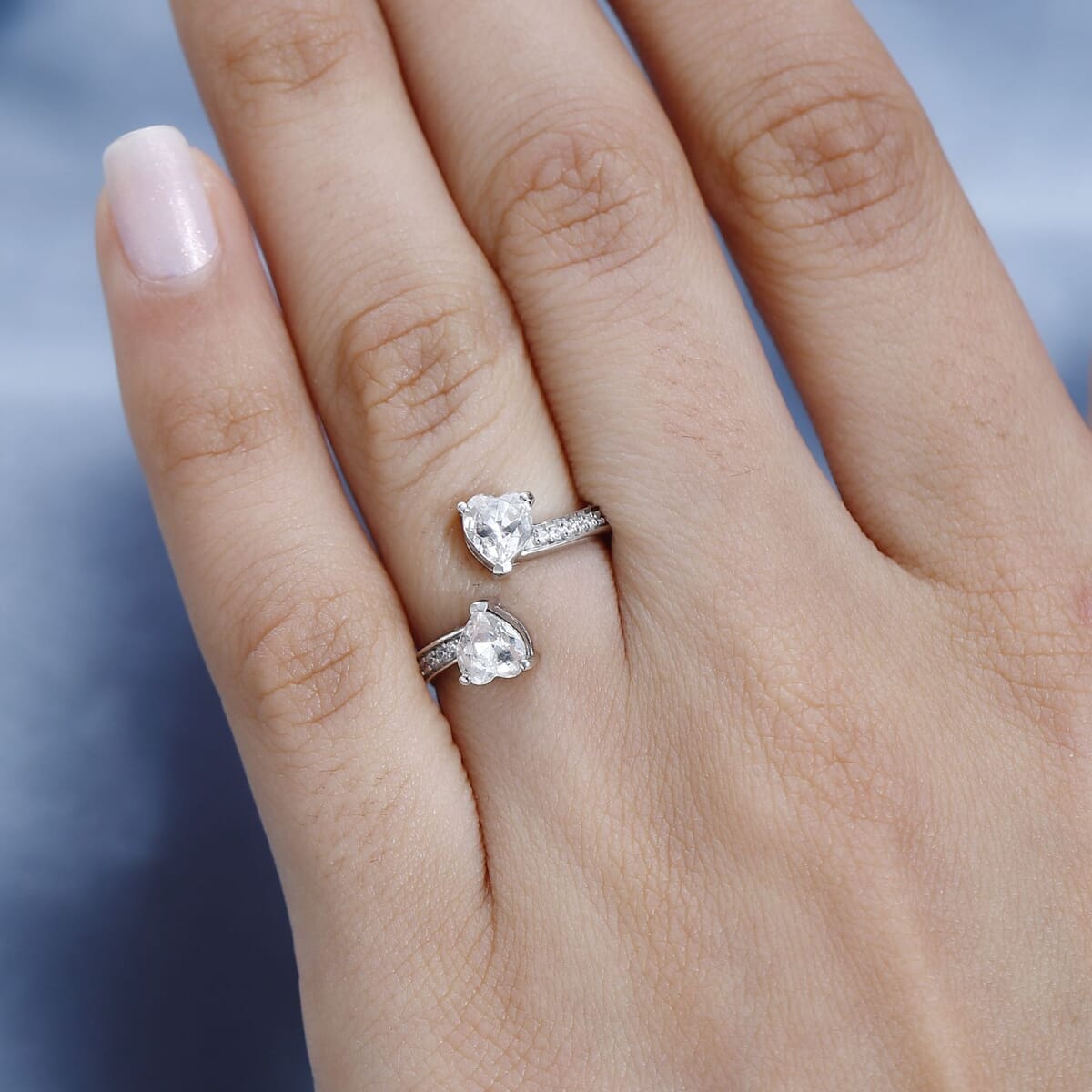 Designer Premium Austrian Crystal and Simulated Diamond Heart Bypass Ring in Platinum Over Sterling Silver (Size 9.0) image number 2