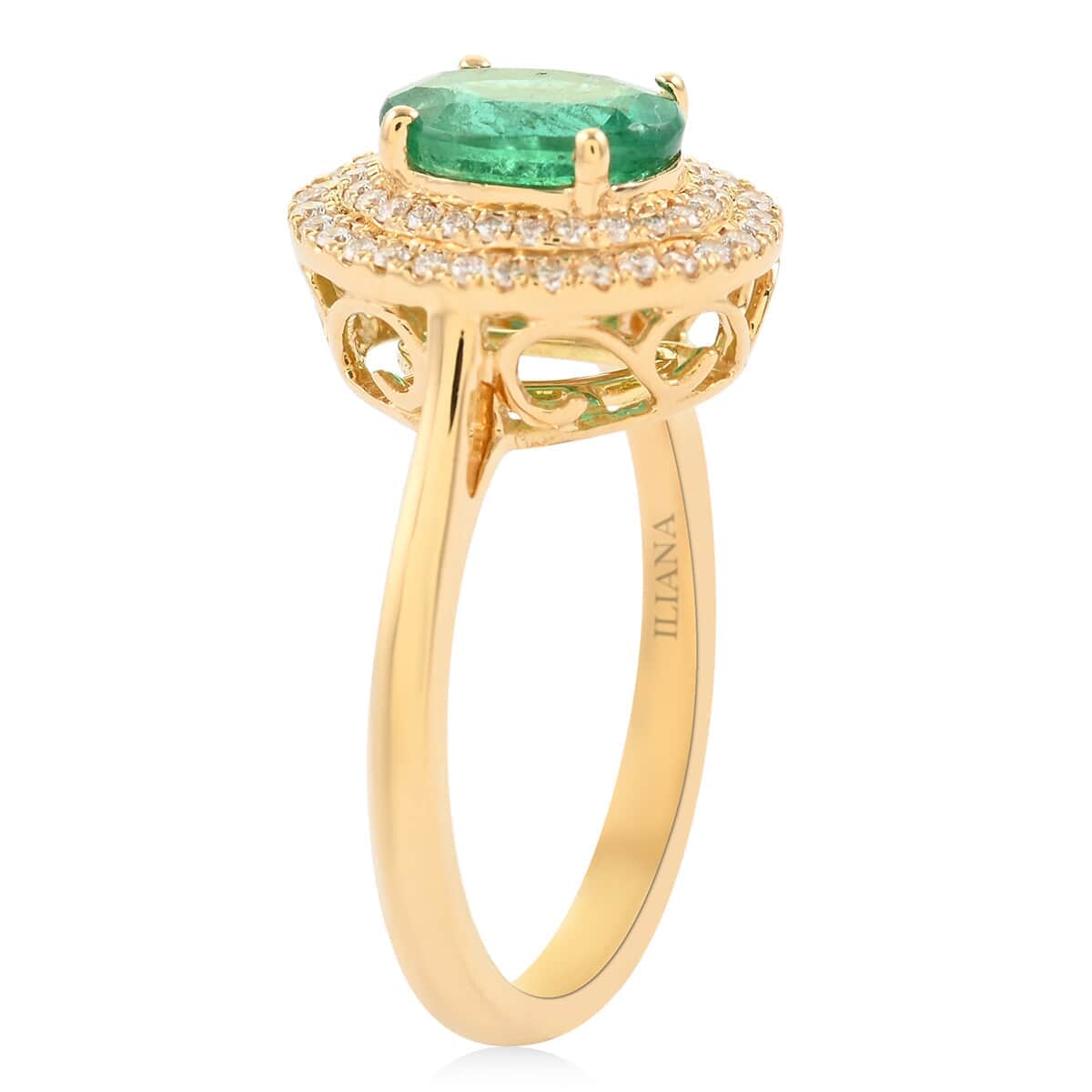 Certified Iliana 18K Yellow Gold AAA Kagem Zambian Emerald and G-H SI Diamond Double Halo Ring (Size 8.5) 4.30 Grams 1.50 ctw image number 3