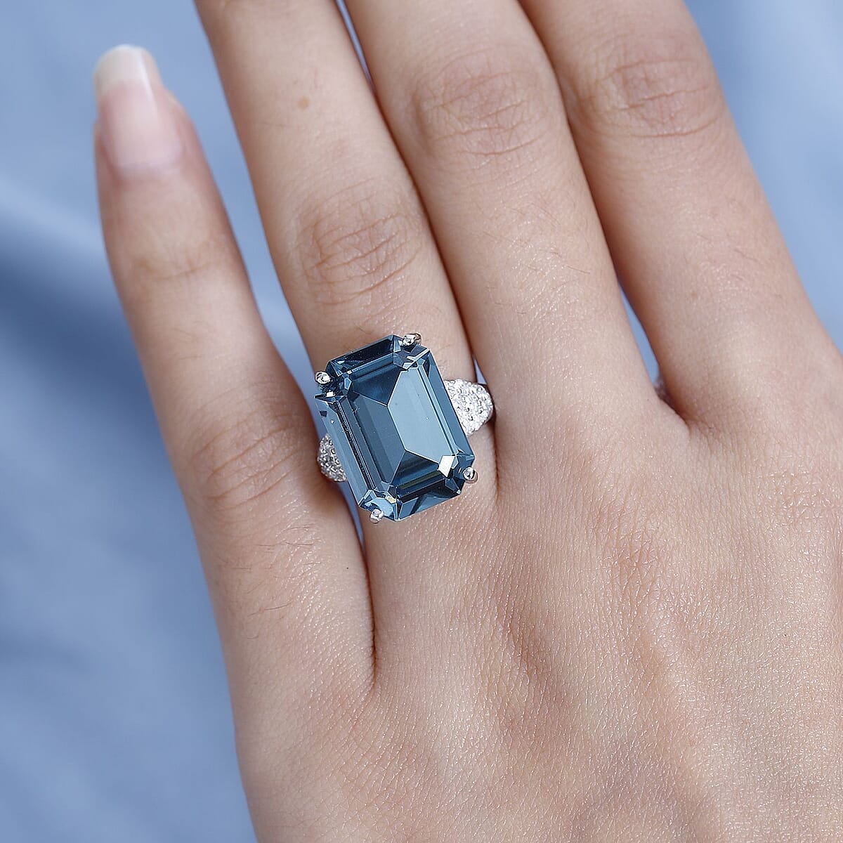 Indian Sapphire Color Crystal, Simulated Diamond Ring in Platinum Over Sterling Silver (Size 10.0) 0.70 ctw image number 2