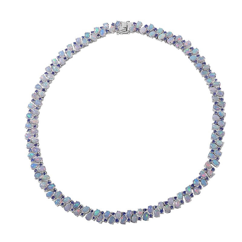 Premium Ethiopian Welo Opal and Tanzanite Necklace 18 Inches in Platinum Over Sterling Silver 51.30 ctw
