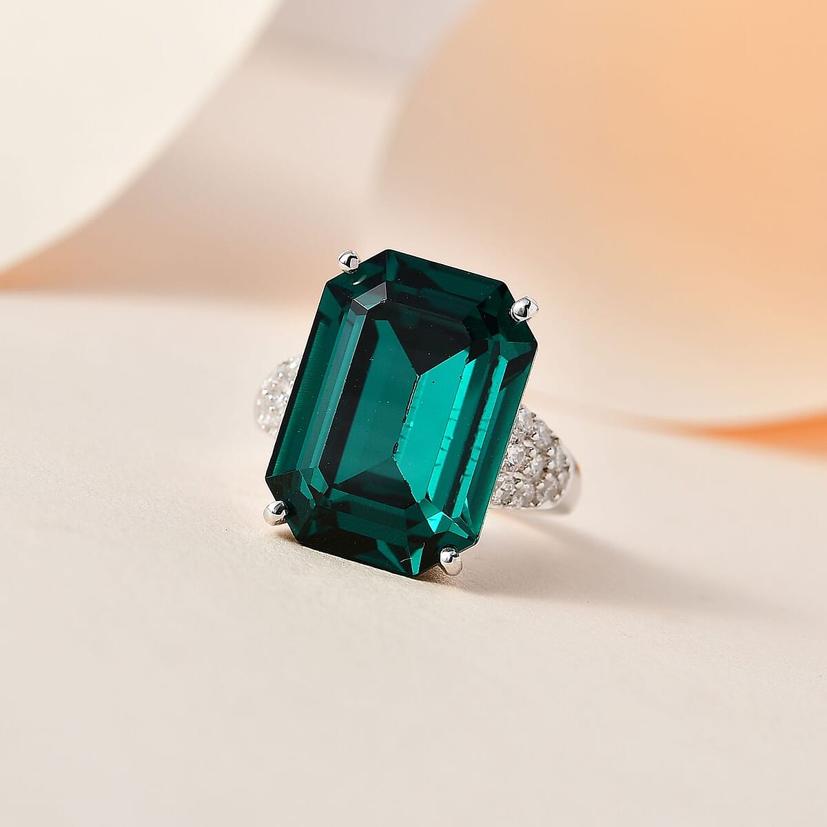 Designer Premium Emerald Color Austrian Crystal and Simulated Diamond Ring in Platinum Over Sterling Silver (Size 6.0) 0.70 ctw image number 1