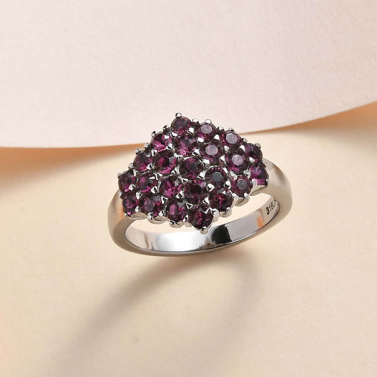 Designer Premium Foilback Amethyst Color Austrian Crystal Cluster Ring in Stainless Steel (Size 9.0) image number 1