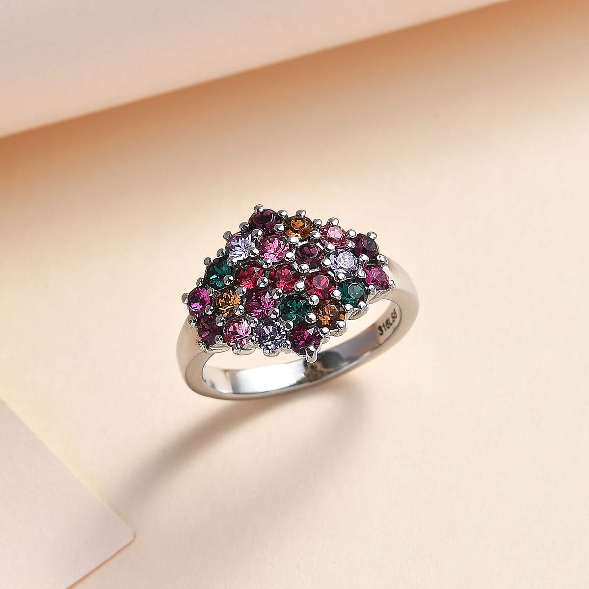 Designer Premium Multi Color Austrian Crystal Cluster Ring in Stainless Steel (Size 7.0) image number 1