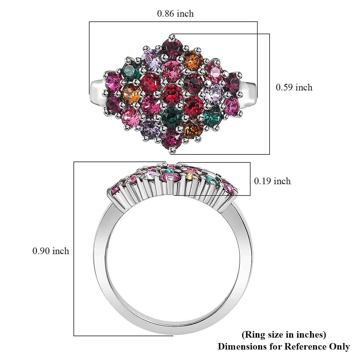 Designer Premium Multi Color Austrian Crystal Cluster Ring in Stainless Steel (Size 7.0) image number 4